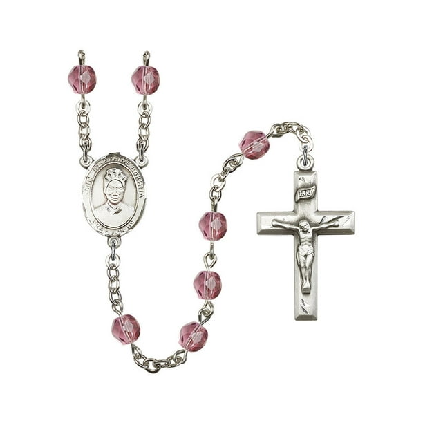 Bonyak Jewelry 18 Inch Rhodium Plated Necklace w/ 6mm Purple February Birth Month Stone Beads and Saint Josephine Bakhita Charm Bonyak Jewelry 18 Inch Rhodium Plated Necklace w/ 6mm Purple February Birth Month Stone Beads and Saint Josephine Bakhita Charm
